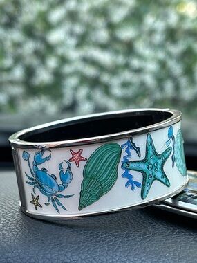 Nautical Sea Life Enamel Bangle Bracelet in White & Aqua 6 1/4”-6 1/2”
